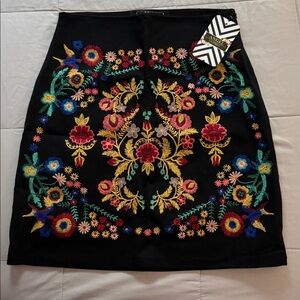 Angel Black Pencil Skirt with Multicolor Floral Embroidery